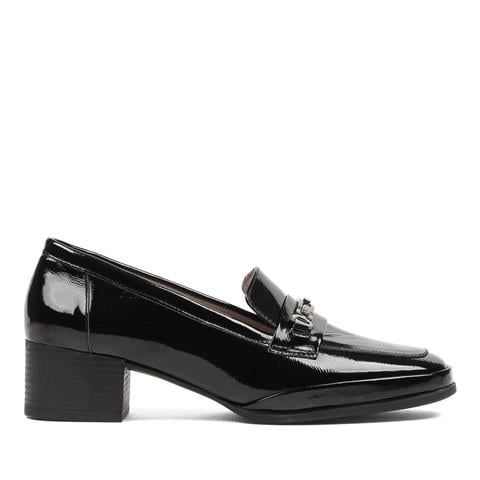 Kadın Siyah Tokalı Kalın Topuklu Rugan Deri Klasik Ayakkabı