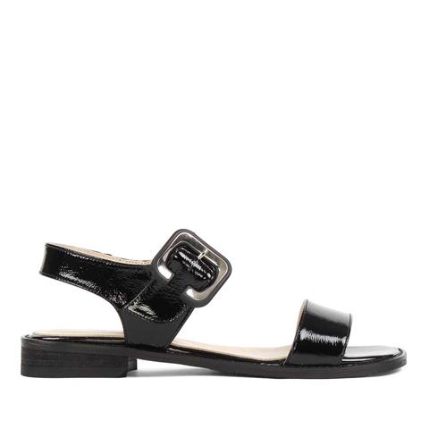 Kadın Siyah Tokalı Kalın Topuklu Rugan Deri Sandalet