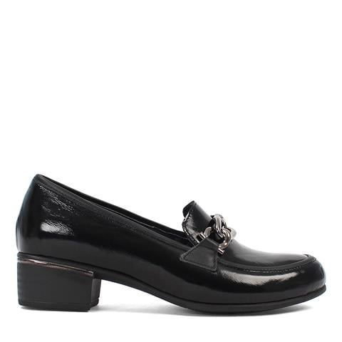 Kadın Siyah Tokalı Kalın Topuklu Rugan Deri Klasik Ayakkabı