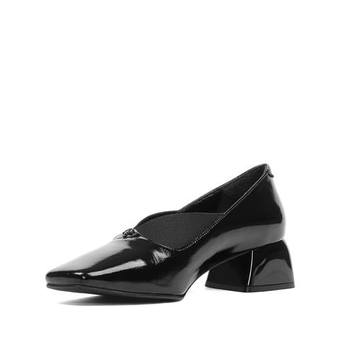 Kadın Siyah Tokalı Kalın Topuklu Rugan Deri Klasik Ayakkabı