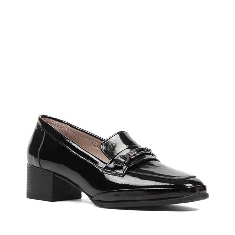 Kadın Siyah Tokalı Kalın Topuklu Rugan Deri Klasik Ayakkabı