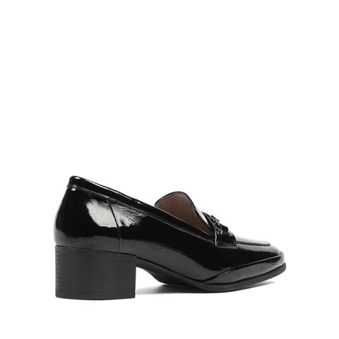 Kadın Siyah Tokalı Kalın Topuklu Rugan Deri Klasik Ayakkabı