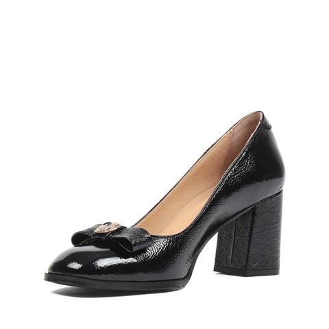 Kadın Siyah Tokalı Kalın Topuklu Rugan Deri Ayakkabı