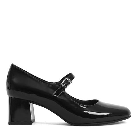 Kadın Siyah Tokalı Kalın Topuklu Rugan Deri Klasik Ayakkabı