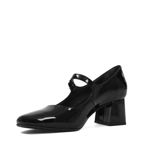 Kadın Siyah Tokalı Kalın Topuklu Rugan Deri Klasik Ayakkabı
