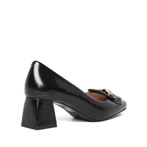Kadın Siyah Tokalı Kalın Topuklu Rugan Deri Klasik Ayakkabı