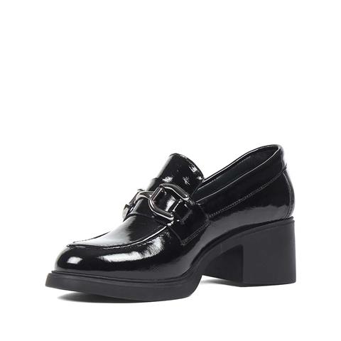 Kadın Siyah Tokalı Kalın Topuklu Rugan Deri Ayakkabı