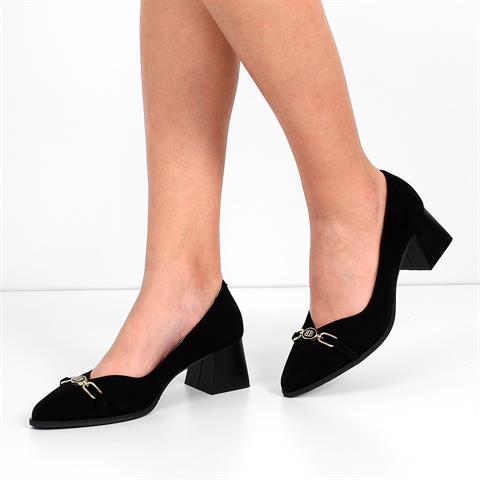 Kadın Siyah Tokalı Kalın Topuklu Süet Deri Klasik Ayakkabı