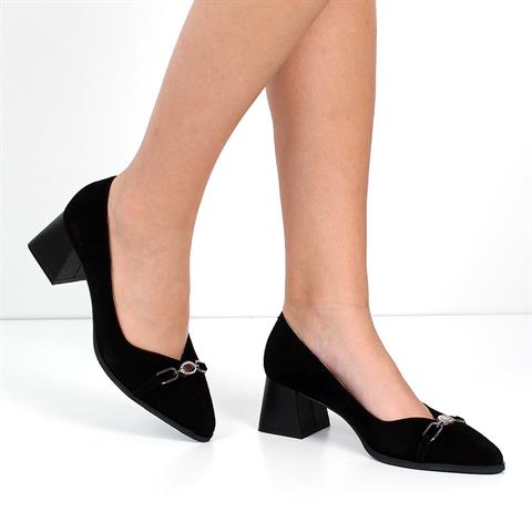 Kadın Siyah Tokalı Kalın Topuklu Süet Deri Klasik Ayakkabı