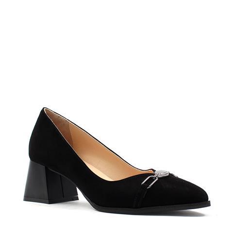 Kadın Siyah Tokalı Kalın Topuklu Süet Deri Klasik Ayakkabı
