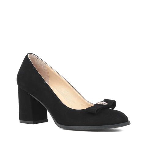 Kadın Siyah Tokalı Kalın Topuklu Süet Deri Ayakkabı