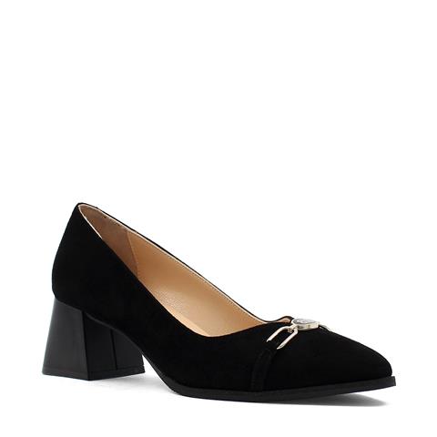 Kadın Siyah Tokalı Kalın Topuklu Süet Deri Klasik Ayakkabı