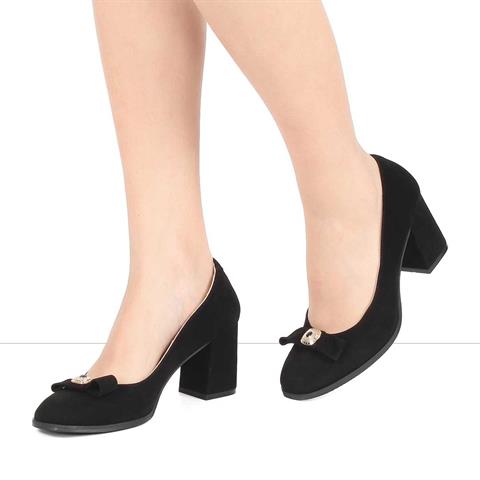 Kadın Siyah Tokalı Kalın Topuklu Süet Deri Ayakkabı