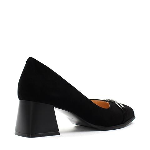 Kadın Siyah Tokalı Kalın Topuklu Süet Deri Klasik Ayakkabı