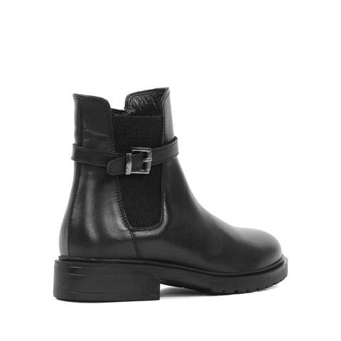 Kadın Siyah Tokalı Lastikli Deri Bot
