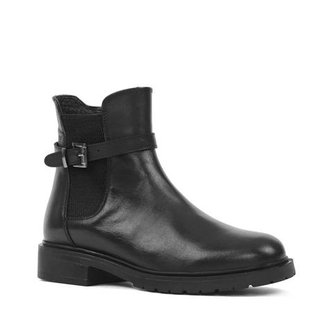 Kadın Siyah Tokalı Lastikli Deri Bot