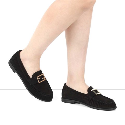 Kadın Siyah Tokalı Süet Deri Loafer