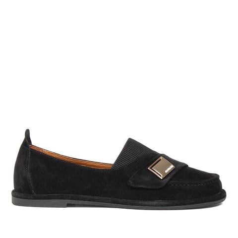 Kadın Siyah Tokalı Süet Deri Loafer