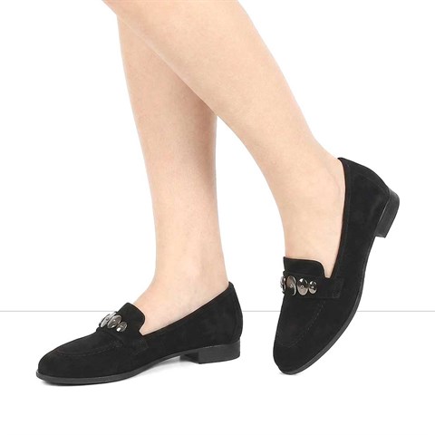 Kadın Siyah Tokalı Süet Deri Loafer