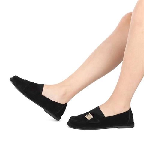 Kadın Siyah Tokalı Süet Deri Loafer