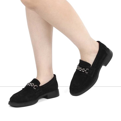 Kadın Siyah Tokalı Süet Deri Loafer