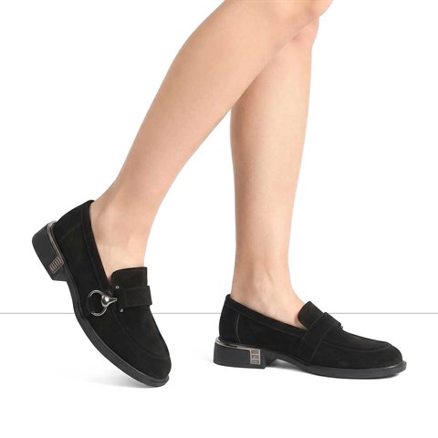 Kadın Siyah Tokalı Süet Deri Loafer