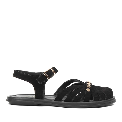 Kadın Siyah Tokalı Süet Deri Sandalet