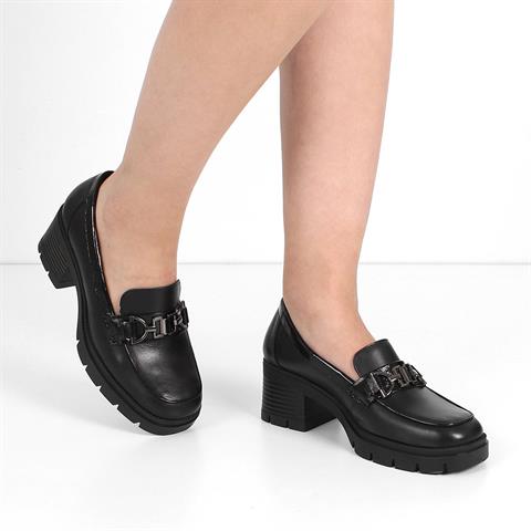Kadın Siyah Yüksek Kalın Topuklu Deri Loafer