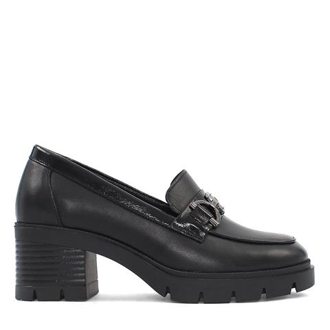 Kadın Siyah Yüksek Kalın Topuklu Deri Loafer