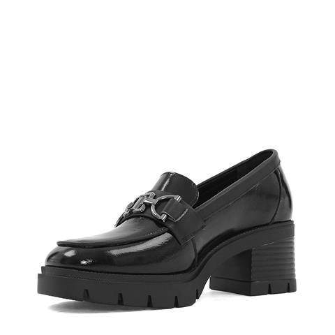 Kadın Siyah Yüksek Kalın Topuklu Rugan Deri Loafer