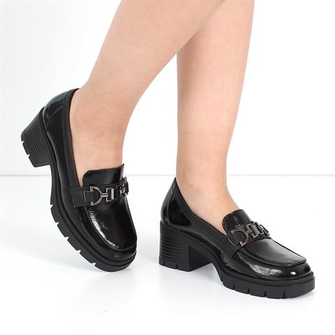 Kadın Siyah Yüksek Kalın Topuklu Rugan Deri Loafer