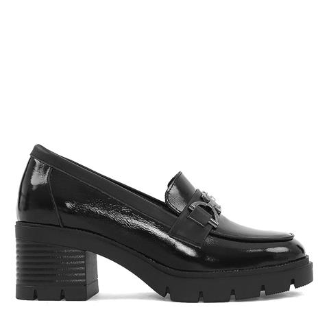Kadın Siyah Yüksek Kalın Topuklu Rugan Deri Loafer