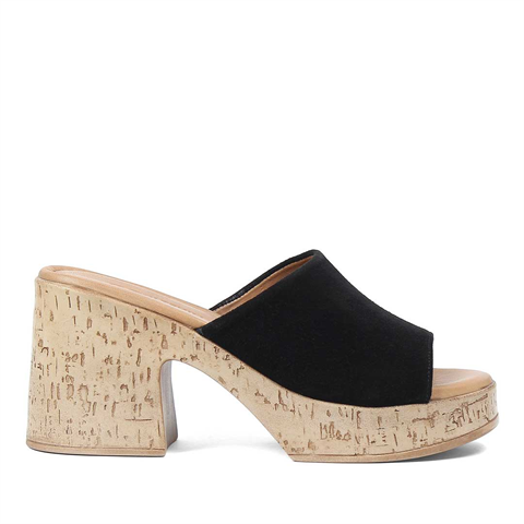 Kadın Siyah Yüksek Kalın Topuklu Süet Deri Terlik