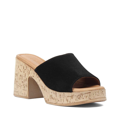 Kadın Siyah Yüksek Kalın Topuklu Süet Deri Terlik