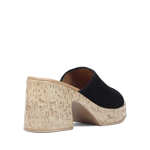 Kadın Siyah Yüksek Kalın Topuklu Süet Deri Terlik