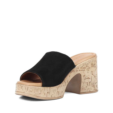 Kadın Siyah Yüksek Kalın Topuklu Süet Deri Terlik