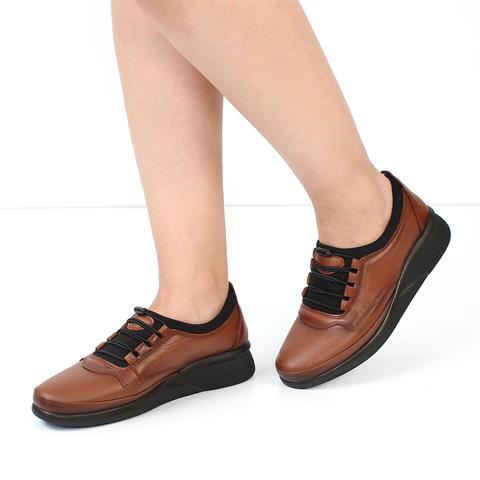 Kadın Taba Bağcıklı Dolgu Topuklu Deri Ayakkabı