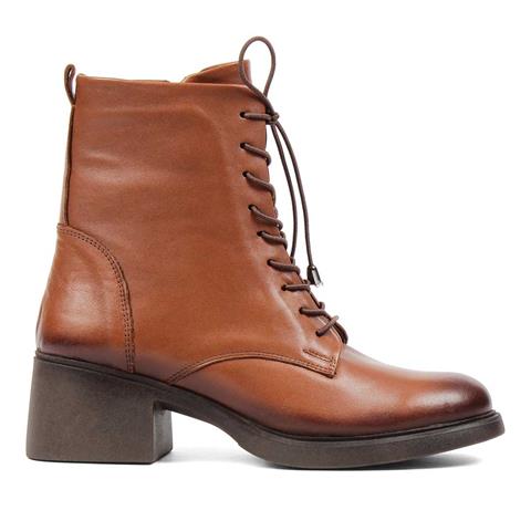 Kadın Taba Bağcıklı Fermuarlı Deri Bot