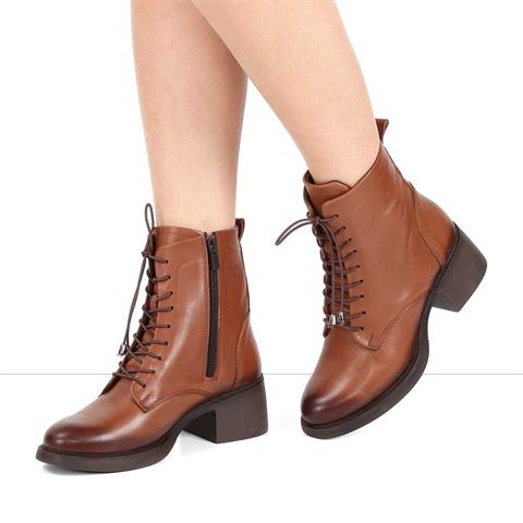Kadın Taba Bağcıklı Fermuarlı Deri Bot