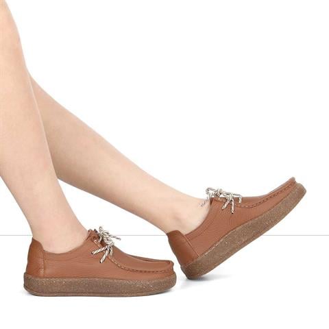 Kadın Taba Bağcıklı Kalın Tabanlı Deri Ayakkabı