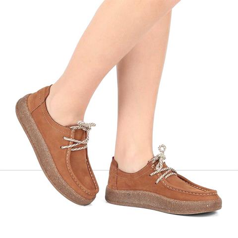 Kadın Taba Bağcıklı Kalın Tabanlı Nubuk Deri Ayakkabı