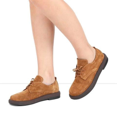 Kadın Taba Bağcıklı Kalın Tabanlı Süet Deri Ayakkabı