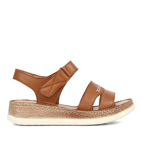 Kadın Taba Bantlı Dolgu Topuklu Deri Sandalet