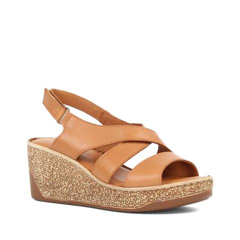 Kadın Taba Bantlı Dolgu Topuklu Deri Sandalet