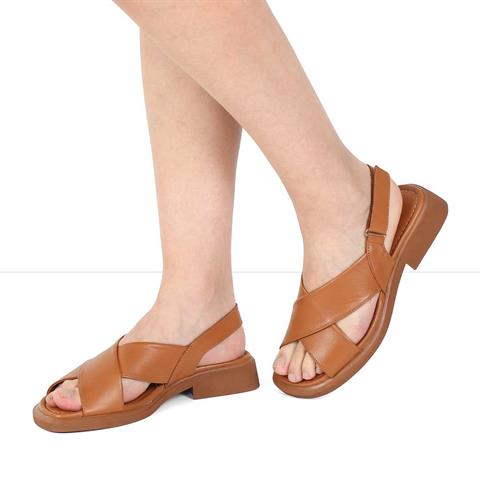 Kadın Taba Bilekten Cırt Cırtlı Deri Sandalet