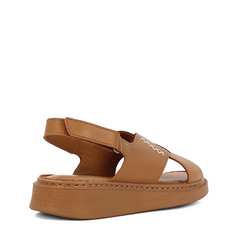 Kadın Taba Bilekten Cırt Cırtlı Deri Sandalet