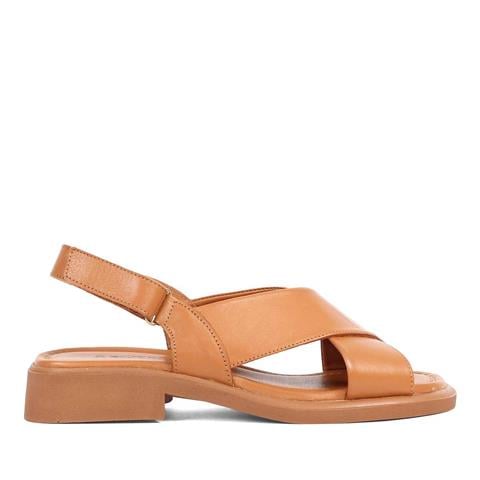 Kadın Taba Bilekten Cırt Cırtlı Deri Sandalet