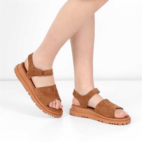 Kadın Taba Bilekten Cırt Cırtlı Süet Deri Sandalet