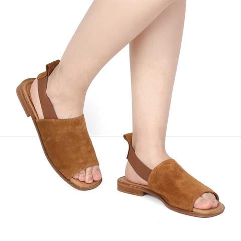 Kadın Taba Bilekten Lastikli Süet Deri Sandalet