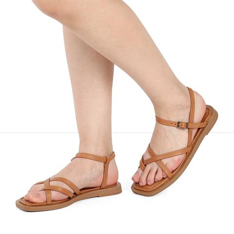 Kadın Taba Çapraz İnce Bantlı Deri Sandalet